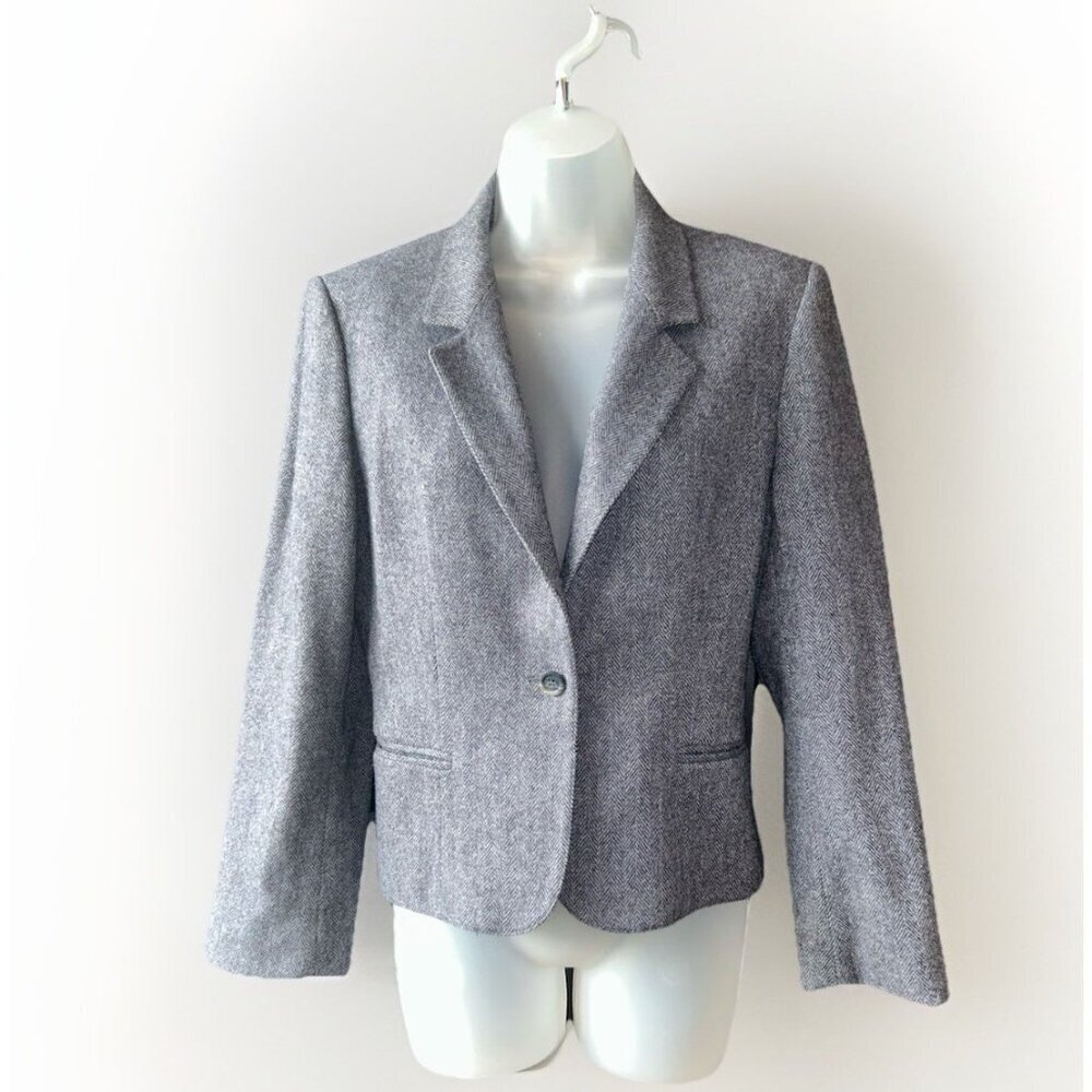 Saville Blazer Tweed Herringbone Jacket Womens Size 10 Petite Wool Grey Career